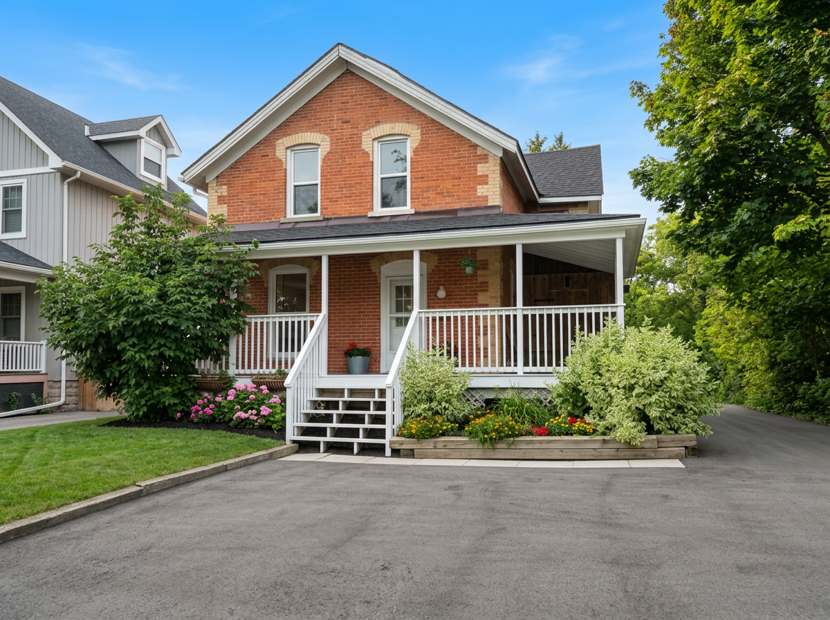Exterior of the Dentures Done Right denturist clinic at 295 Broadway, Orangeville, a red brick house with a white porch